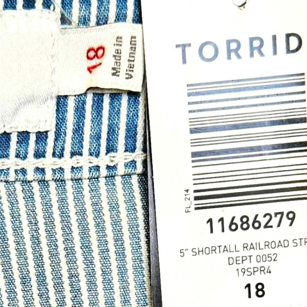 Torrid Size 18 Light Blue Denim Railroad Stripe Overall Shorts  with Pockets NWT - Picture 11 of 16